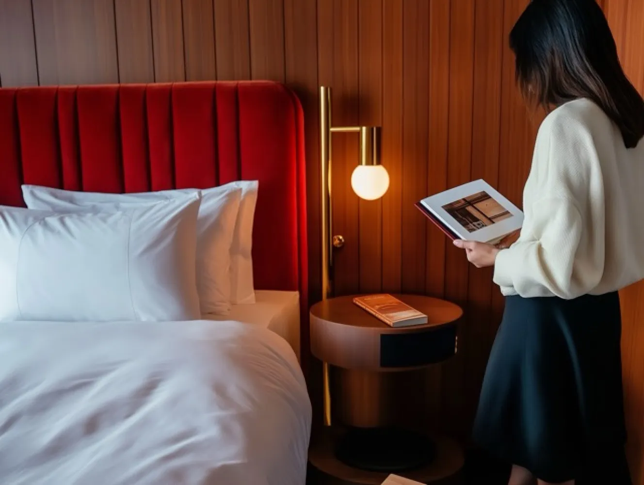 A woman stands next to a luxurious hotel bed with a red velvet headboard, reading a welcome brochure in a stylish boutique hotel room with warm lighting.