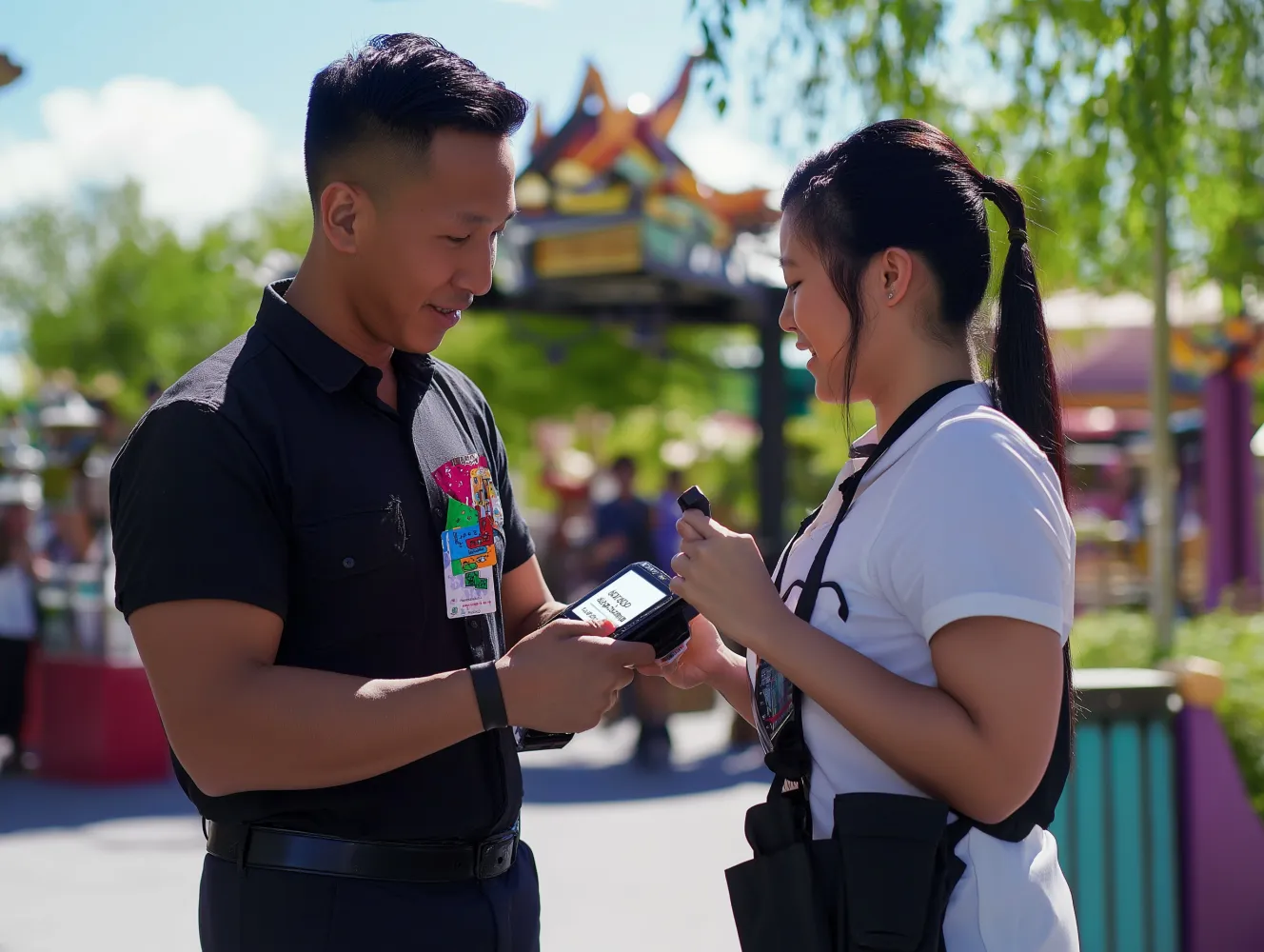two people interacting at a theme park