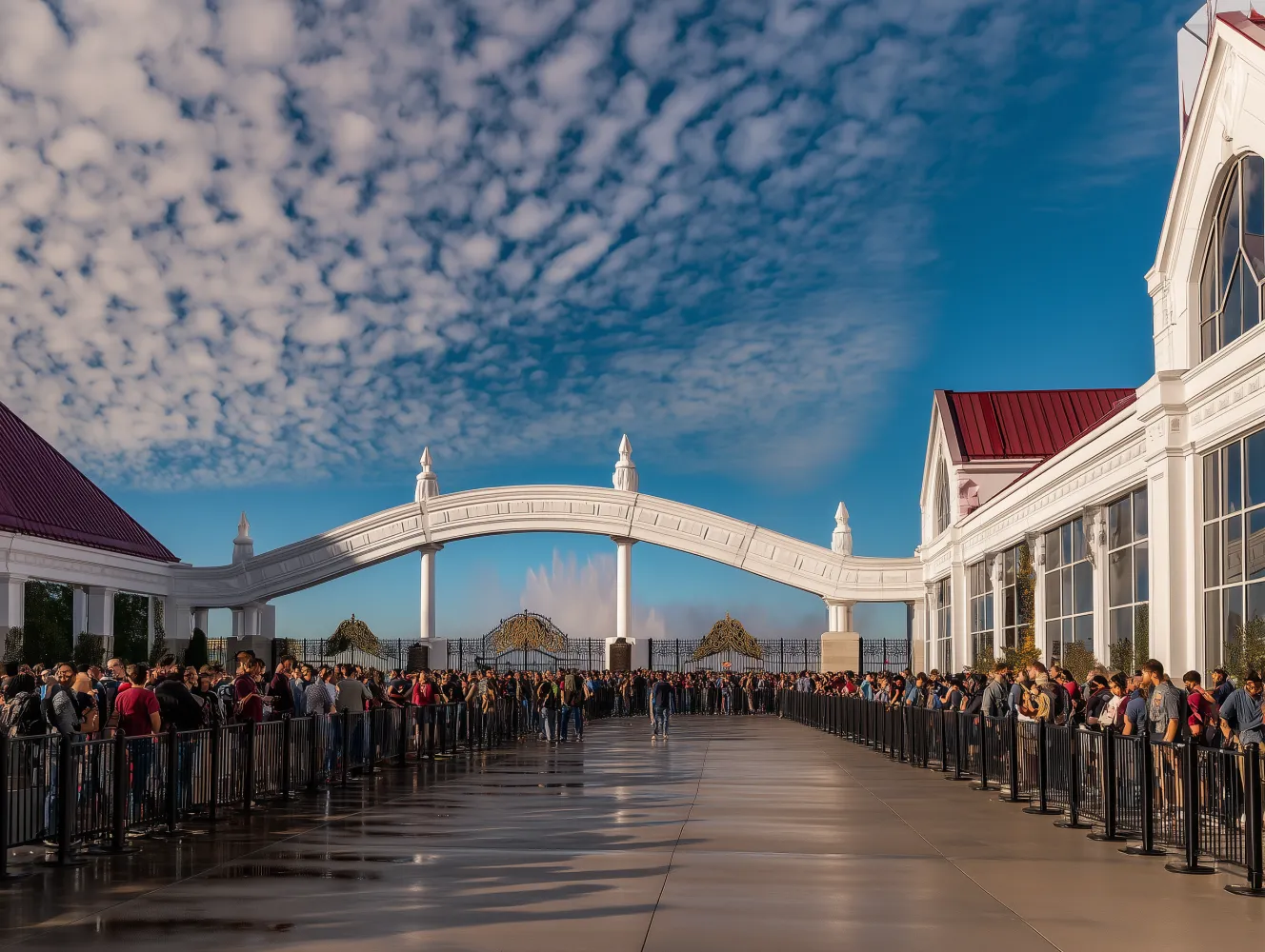 A large crowd of visitors stands in long, organized lines outside the entrance to an amusement park. The entrance features elegant white buildings with red roofs and a grand archway in the center. The sky is bright blue with scattered clouds, and the sun casts warm light on the scene, creating reflections on the wet pavement.